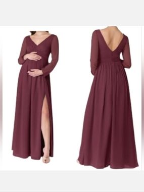 AZAZIE TETON Red A-Line Long Sleeve Chiffon Custom Floor Length Maternity Dress
